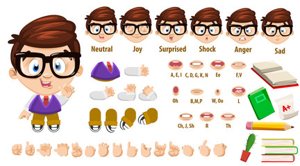 Cartoon brunette spectacled boy constructor for animation. Parts of body, set of poses.