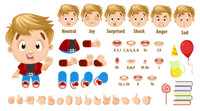 Cartoon blond boy constructor for animation. Parts of body, set of poses.