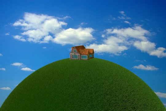 3D rendering of a green planet with a small house against a blue sky