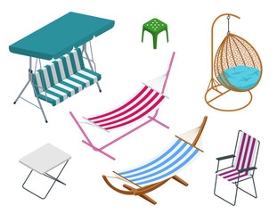 Isometric garden swings isolated on white background. Place for outdoor recreation. Set of Garden swings