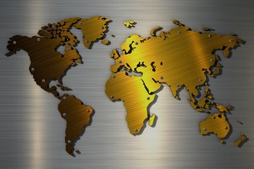 3d rendering world map metallic gold color