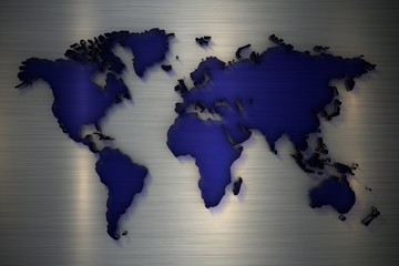 3d rendering World map of blue transparent glass on a metelic background