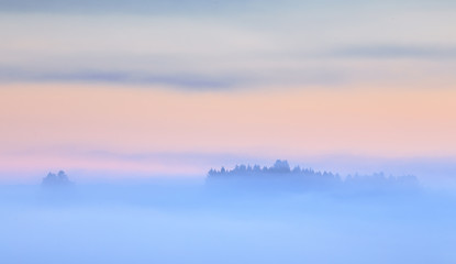 Bewaldeter Hügel im Nebel bei Sonnenaufgang