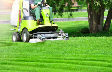 Lawn mower machine on a green lawn