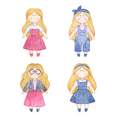 Original watercolor doll. Picture with cartoon girls. Nice illustration for for book, stickers,logo, business card or postcard.