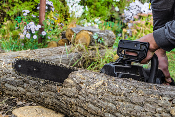 Sawing a wooden log with an hand electric chain saw