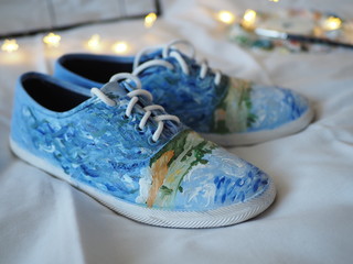 Handpainted sneakers with acrylic paints, unique design, DIY