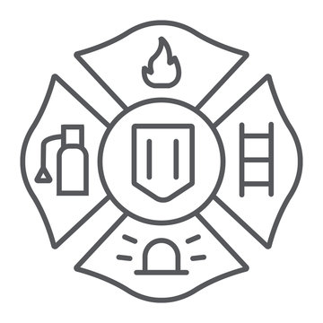 Fire emblem thin line icon, symbol and firefighter, fire badge sign, vector graphics, a linear pattern on a white background.