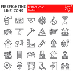 Firefighter line icon set, fireman symbols collection, vector sketches, logo illustrations, fire safety signs linear pictograms package isolated on white background.