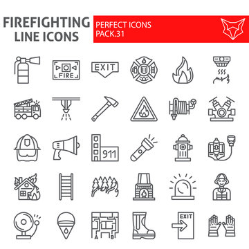 Firefighter Line Icon Set, Fireman Symbols Collection, Vector Sketches, Logo Illustrations, Fire Safety Signs Linear Pictograms Package Isolated On White Background.