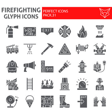 Firefighter glyph icon set, fireman symbols collection, vector sketches, logo illustrations, fire safety signs solid pictograms package isolated on white background.