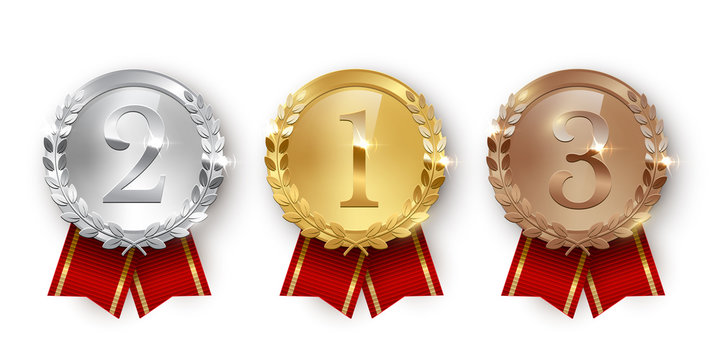 Award golden, silver and bronze medals with ribbons 3d realistic vector color illustration on white background