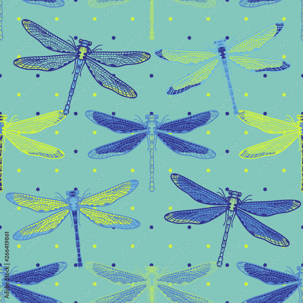 Wall mural hand drawn stylized dragonflies seamless pattern for girls, boys, clothes. creative background with 