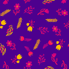Hand Drawn pattern with summer flowers and herbs vintage Hohloma floral elements. Blue Yellow on white