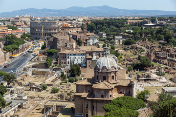 Fototapeta na wymiar ROME, ITALY - JUNE 23, 2017: Amazing panorama of City of Rome from the roof of Altar of the Fatherland, Italy