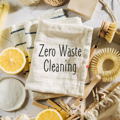 Natural cleaning products lemon and baking soda with bamboo dish brushs. Eco friendly. Zero waste...
