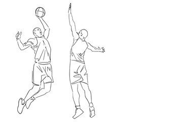 Two basketball players with a ball. Black contour. Isolated silhouette. Abstract drawing. Active pose. Hand drawn sketch. Vector outline. Sport illustration.