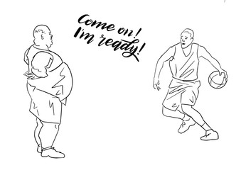 Professional basketball player and fat man. Funny healthy lifestyle illustration. Black contour outlines. Sketch style. Vector illustration.