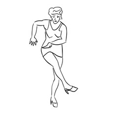 Single dancing woman. Black graphic contour. Female silhouette. Retro style. Hand drawn illustration. Isolated  outline. Vector sketch.