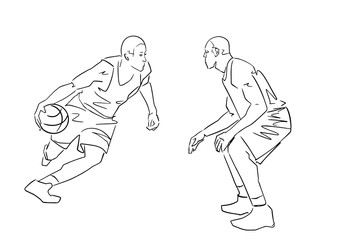 Two basketball players with a ball. Black contour. Isolated silhouette. Abstract drawing. Active pose. Hand drawn sketch. Vector outline. Sport illustration.
