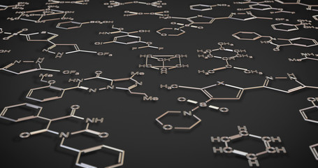 Molecular biology structures of organic chemistry. View over models of molecules and formulas. Chemical scientific background.