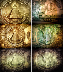 close up group of American one dollar bill details