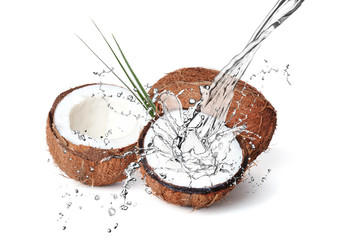 Coconuts with fresh milk on white background