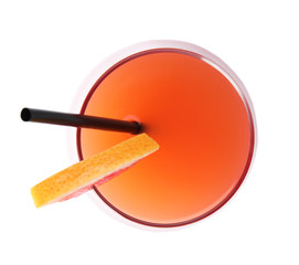 Glass of grapefruit cocktail isolated on white, top view