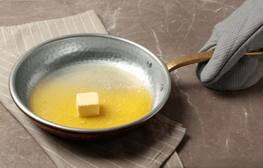 Chef holding frying pan with melting butter on grey background, closeup