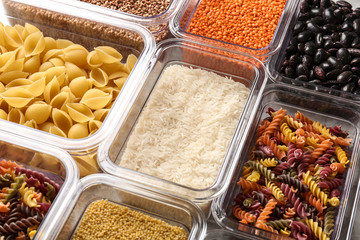 Many boxes with different raw food, closeup