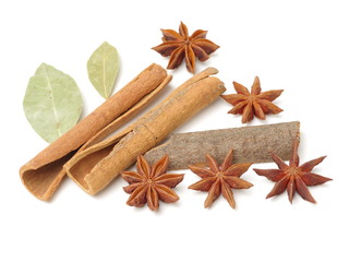 Cinnamon and anise on white background 