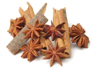 Cinnamon and anise on white background 