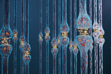 Synaptic transmission, nervous system receptors. Concept consciousness. Brain synapses. Transmission synapse, impulses in brain, information transfer at the cellular or atomic level, 3D Rendering