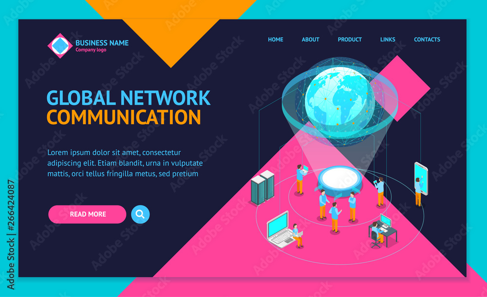 Wall mural Global Communication Internet Network Concept Landing Web Page Template 3d Isometric View. Vector