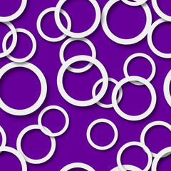 Abstract seamless pattern of randomly arranged white rings with soft shadows on purple background