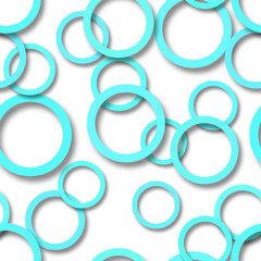 Abstract seamless pattern of randomly arranged light blue rings with soft shadows on white background