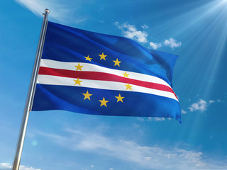 Cape Verde National Flag Waving on pole against sunny blue sky background. High Definition