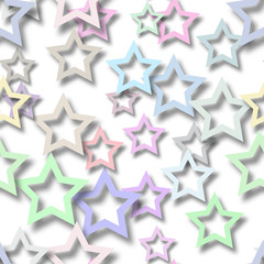 Abstract seamless pattern of randomly arranged colored stars with soft shadows on white background