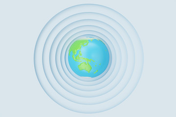 Abstract white paper cut circle shape background with Earth. White paper carving effect with Earth in centre. Earth in center of circles, 3D rendering
