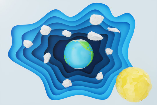 Abstract paper cut background with Earth concept. Paper carving effect with Earth in centre. Earth with creative origami clouds and sun, 3D rendering