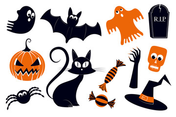 Halloween illustration - pumpkin, cat; witch hat, skull
