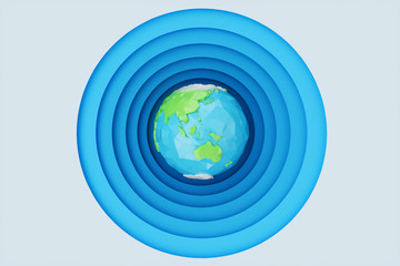 Abstract paper cut background with Earth concept. Paper carving effect with Earth in centre. Low poly, polygonal Earth. Creative origami globe, 3D rendering