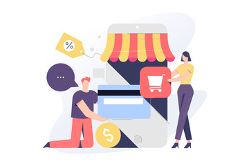 Business related, online shopping theme vector illustration concept for both mobile application and website development