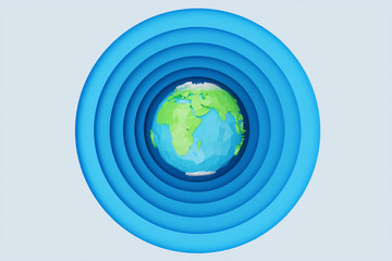 Abstract paper cut background with Earth concept. Paper carving effect with Earth in centre. Low poly, polygonal Earth. Creative origami globe, 3D rendering