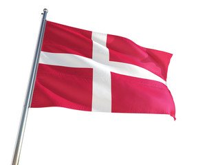 Fototapeta na wymiar Denmark National Flag waving in the wind, isolated white background. High Definition