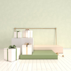 3d rendered interior with geometric shapes, podium on the floor and gift box. Set of platforms for product presentation, mock up background. Abstract composition in modern minimal design