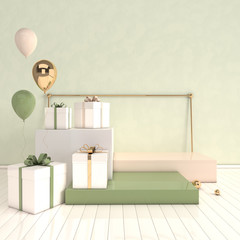 3d rendered interior with geometric shapes, podium on the floor and gift box, glossy balloons. Set...