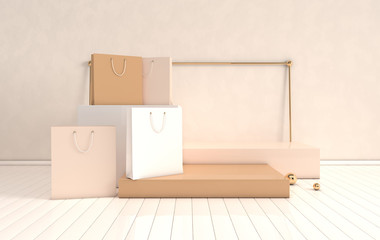 3d rendered interior with geometric shapes, podium on the floor and shopping bag. Set of platforms for product presentation, mock up background. Abstract composition in modern minimal design