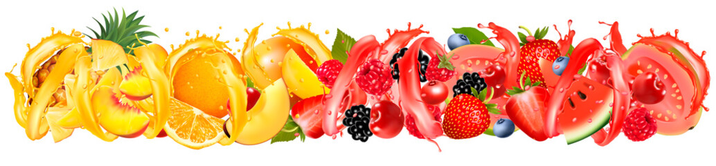 Fruit in juice splash panorama. Strawberry, raspberry, blueberry, blackberry, orange, guava, watermelon, pineapple, mango, peach. Vector.