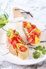 Italian appetizer. Bruschetta with tomatoes and olive oil